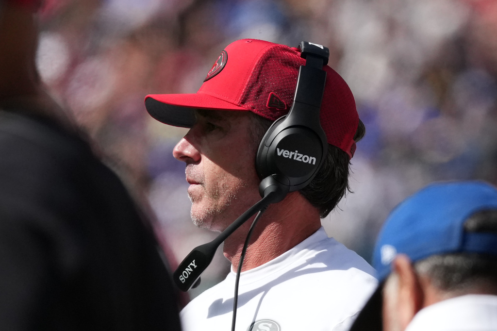 San Francisco 49ers head coach Kyle Shanahan watches during the second half of an NFL football game against the Los Angeles Rams, Friday, Sept. 11, 2026, in Melbourne, Australia. (AP Photo/Asanka Brendon Ratnayake)