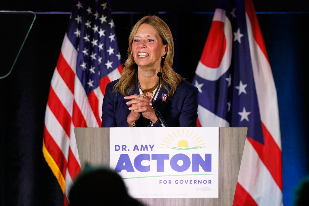 Democratic gubernatorial candidate Dr. Amy Acton speaks at a primary election night campaign event after winning the party's nomination for governor in Columbus, Ohio, Tuesday, May 5, 2026. (AP Photo/Jay LaPrete)