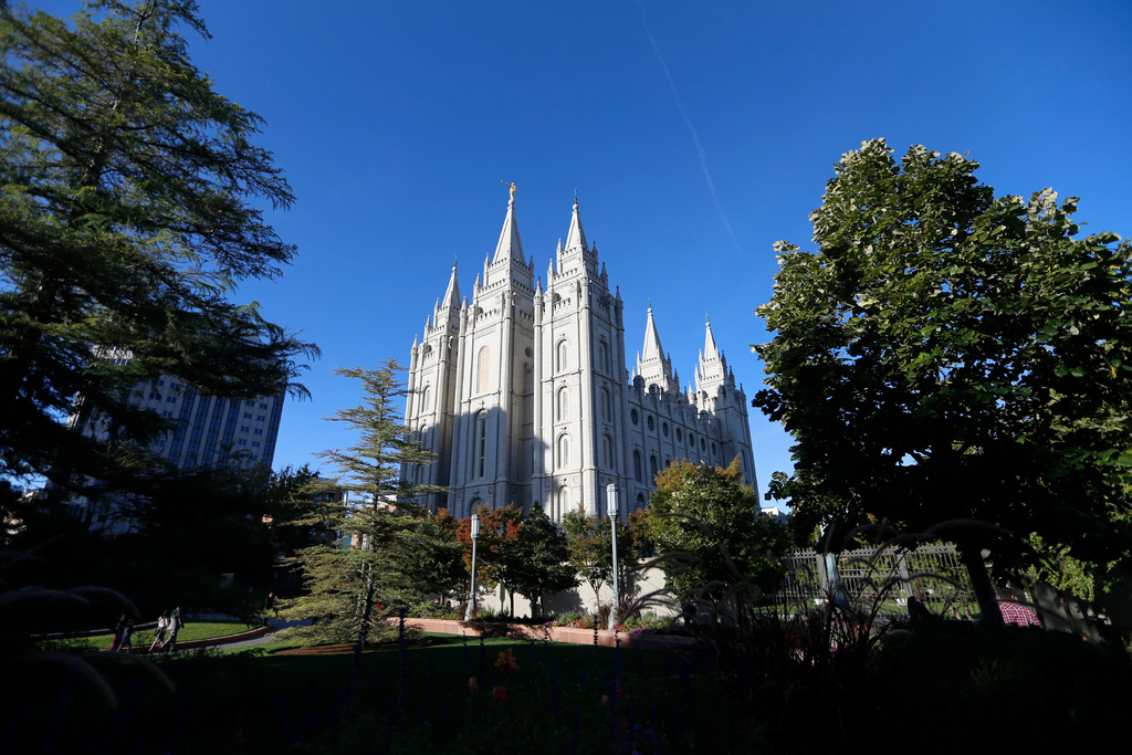 FILE - The Salt Lake Temple of the Church of Jesus Christ of Latter-Day Saints is seen, Oct. 5, 2019, in Salt Lake City. (AP Photo/Rick Bowmer, File)
