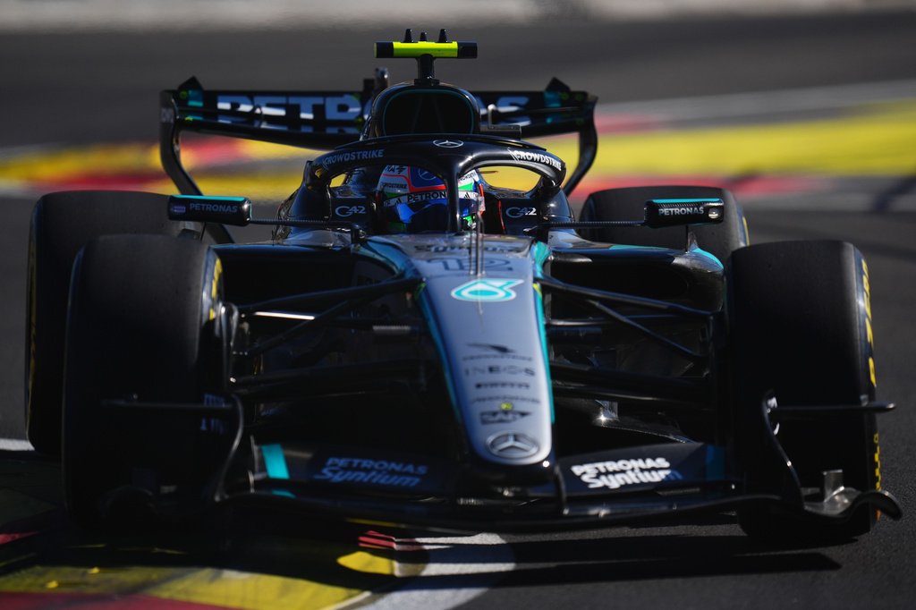 Mercedes driver Andrea Kimi Antonelli of Italy steers his car during the second free practice ahead of the Spanish Formula One Grand Prix, in Madrid, Friday, Sept. 11, 2026. (AP Photo/Manu Fernandez)