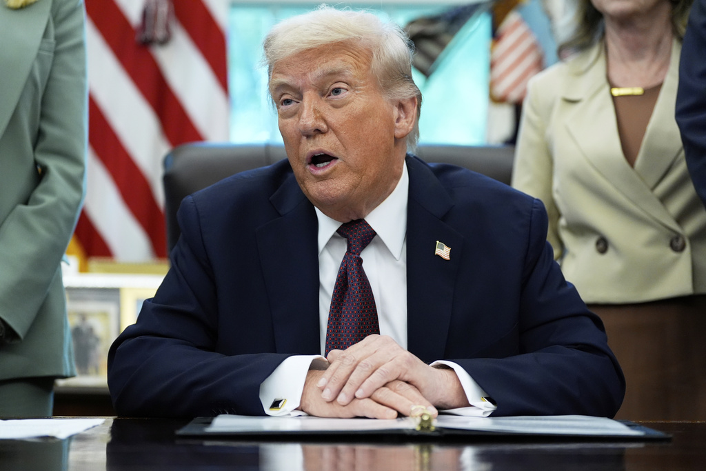 President Donald Trump speaks in the Oval Office of the White House, Monday, Sept. 15, 2025, in Washington. (AP Photo/Alex Brandon)