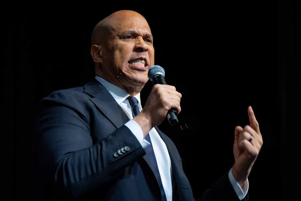 Sen. Cory Booker, D-N.J., speaks at the National Action Network (NAN) Convention in New York, Saturday, April 11, 2026. (AP Photo/Angelina Katsanis)