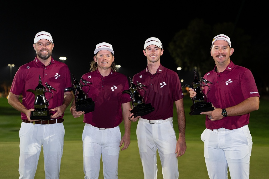 First place team winners, Marc Leishman, Captain Cameron Smith, Elvis Smylie and Lucas Herbert of Ripper GC pose with their trophies after the final round of the LIV Golf tournament at Riyadh Golf Club, Saturday, Feb. 7, 2026 in Riyadh, Saudi Arabia. (Pedro Salado/LIV Golf via AP)