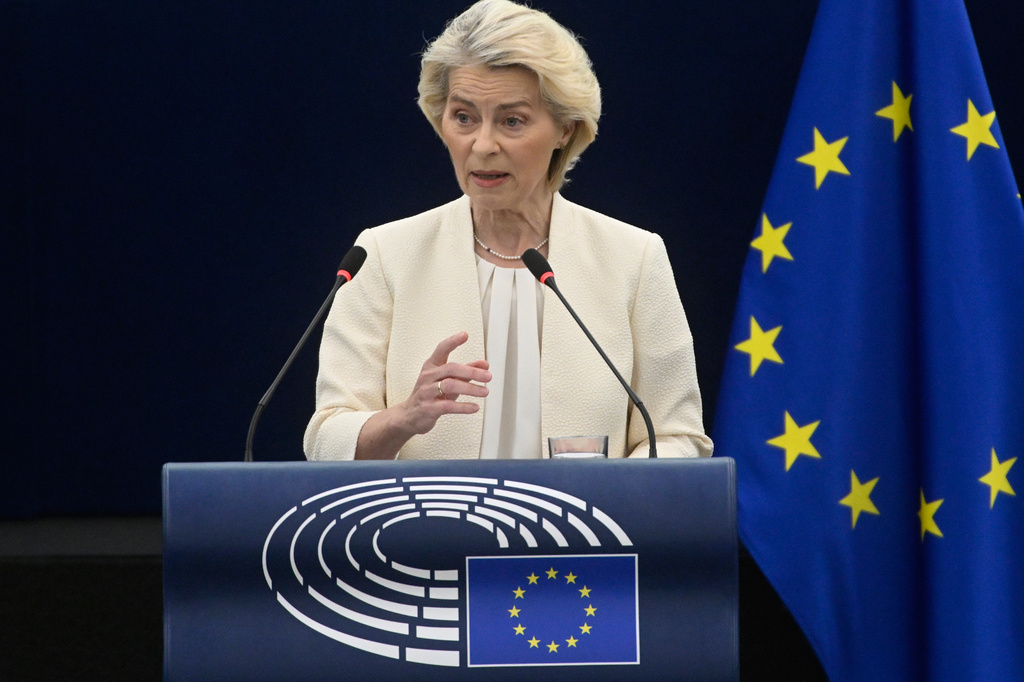 FILE - European Commission President Ursula von der Leyen delivers a speech at the annual State of the European Union at the European Parliament in Strasbourg, eastern France, Wednesday, Sept 16, 2026. (AP Photo/Pascal Bastien, File)