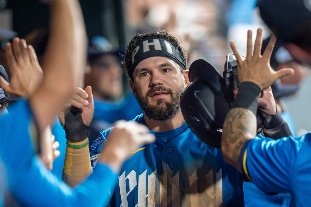 Philadelphia Phillies' Kyle Schwarber celebrates his run on the sacrifice fly with teammates during the seventh inning of a baseball game against the Chicago White Sox, Friday, June 5, 2026, in Philadelphia. (AP Photo/Chris Szagola)