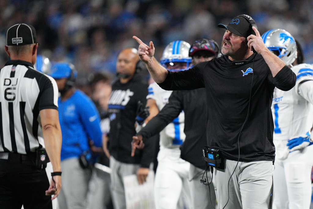 Detroit Lions head coach Dan Campbell gestures during an NFL football game against the Carolina Panthers in Charlotte, N.C., Sunday, Oct. 4, 2026. (AP Photo/Jacob Kupferman)