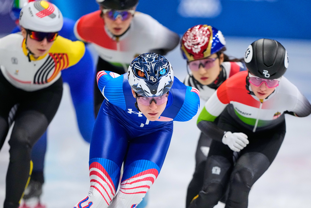 Corinne Stoddard of the United States leads during a short track speed skating women's 1500 meters semifinal at the 2026 Winter Olympics, in Milan, Italy, Friday, Feb. 20, 2026. (AP Photo/Natacha Pisarenko)