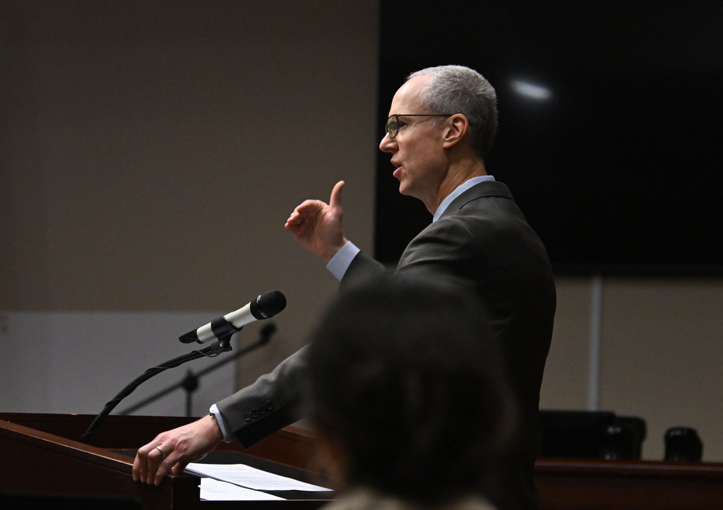 District Attorney Brad Smith speaks in front of Judge Nicholas Primm during the sentencing hearing of Colin Gray, father of Apalachee High School shooter Colt Gray, at Barrow County Superior Court on Thursday, July 30, 2026, in Winder, Ga. (Hyosub Shin/Atlanta Journal-Constitution via AP, Pool)