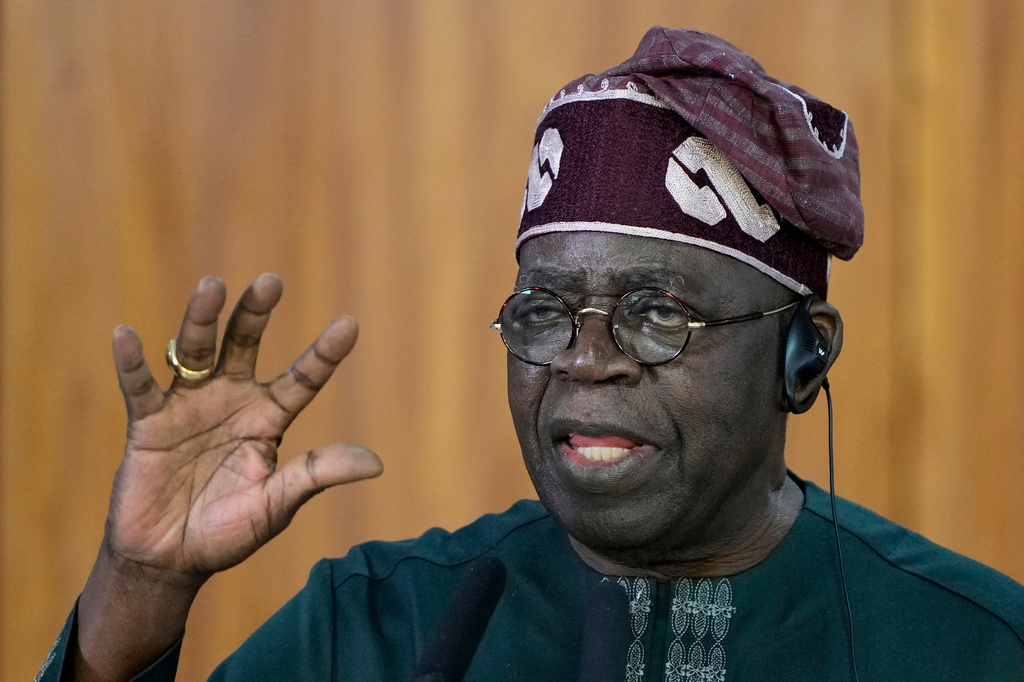 FILE - Nigeria's President Bola Tinubu gives a joint statement with Brazil's President Luiz Inacio Lula da Silva, at the Planalto presidential palace, in Brasilia, Brazil, Monday, Aug. 25, 2025. (AP Photo/Eraldo Peres, file)