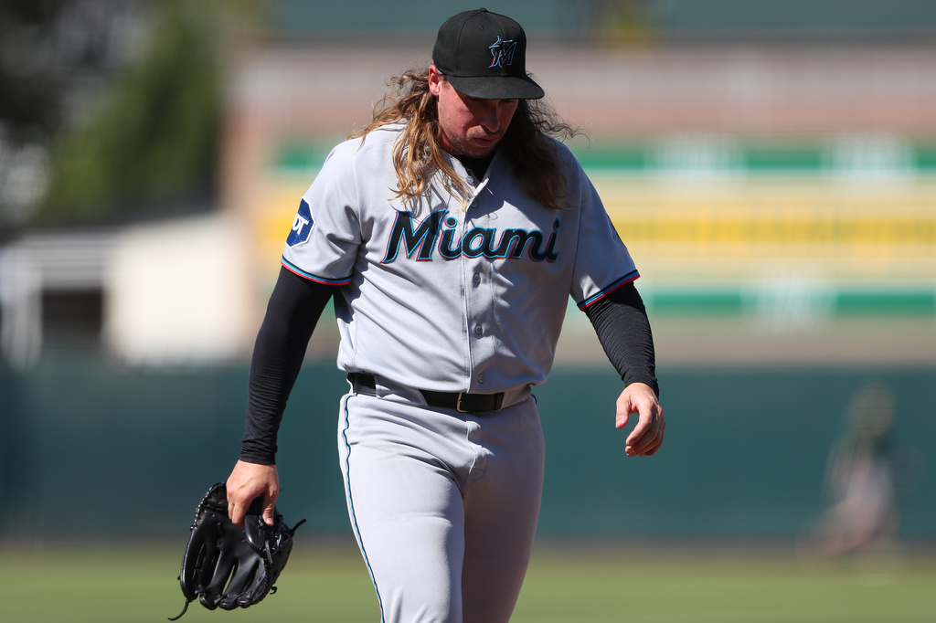 Miami Marlins pitcher Lake Bachar walks off the mound after being pulled during the eighth inning of a baseball game against the Athletics, Sunday, July 5, 2026, in West Sacramento, Calif. (AP Photo/Scott Marshall)