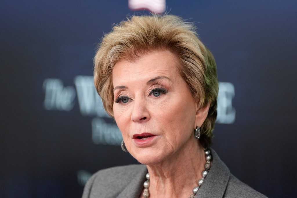 FILE - Education Secretary Linda McMahon speaks with reporters in the James Brady Press Briefing Room at the White House, Thursday, Nov. 20, 2025, in Washington. (AP Photo/Alex Brandon, File)