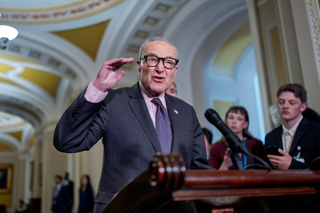 Senate Minority Leader Chuck Schumer, D-N.Y., talks to reporters about Democratic efforts to push back on President Donald Trump's policies, at the Capitol in Washington, Tuesday, June 2, 2026. (AP Photo/J. Scott Applewhite)