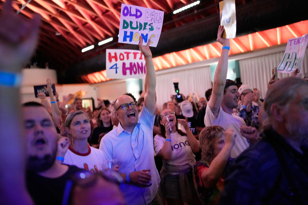 Supporters hold signs during a primary election night watch party for Democratic gubernatorial candidate Francesca Hong, Tuesday, Aug. 11, 2026, in Madison, Wis. (AP Photo/Nam Y. Huh)