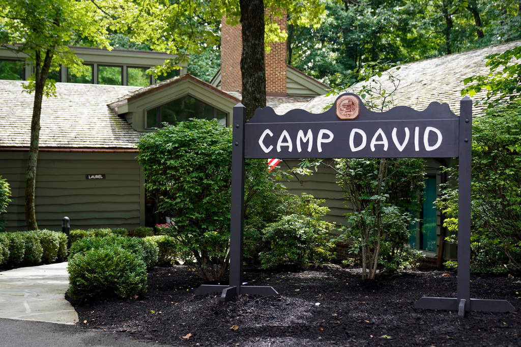 FILE - A sign for Camp David, the presidential retreat, is pictured near Thurmont, Md., Aug. 18, 2023. (AP Photo/Andrew Harnik, File)