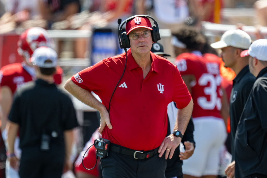 Indiana head coach Curt Cignetti watches during the second half of an NCAA college football game against North Texas, Saturday, Sept. 5, 2026, in Bloomington, Ind. (AP Photo/Doug McSchooler)