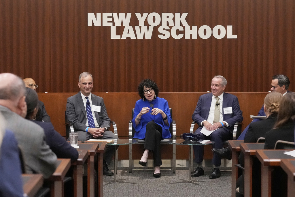 Supreme Court Justice Sonia Sotomayor speaks at the New York Law School's Constitution and Citizen Day Summit, flanked by Judge Joseph Blanco, left center, and Judge Anthony Cannataro, right center, in New York, Tuesday, Sept. 16, 2025. (AP Photo/Richard Drew)