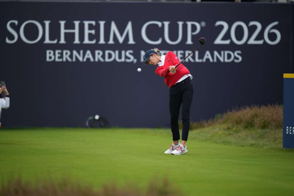 Nelly Korda, of the United States, plays off the 1st tee during a practice round for the Solheim Cup at the Bernardus Golf course in Vught, Netherlands, Tuesday, Sept. 8, 2026. (AP Photo/Alastair Grant)