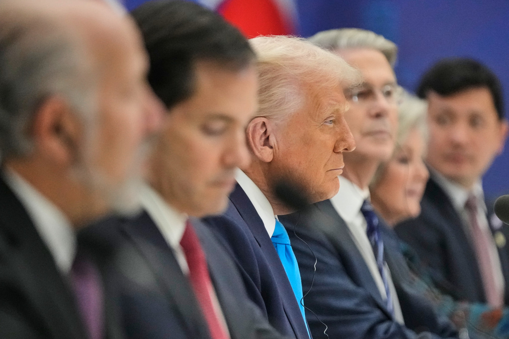President Donald Trump, with Commerce Secretary Howard Lutnick, Secretary of State Marco Rubio and Treasury Secretary Scott Bessent, holds a talk with South Korean President Lee Jae Myung at the Gyeongju National Museum in Gyeongju, South Korea, Wednesday, Oct. 29, 2025. (AP Photo/Mark Schiefelbein)