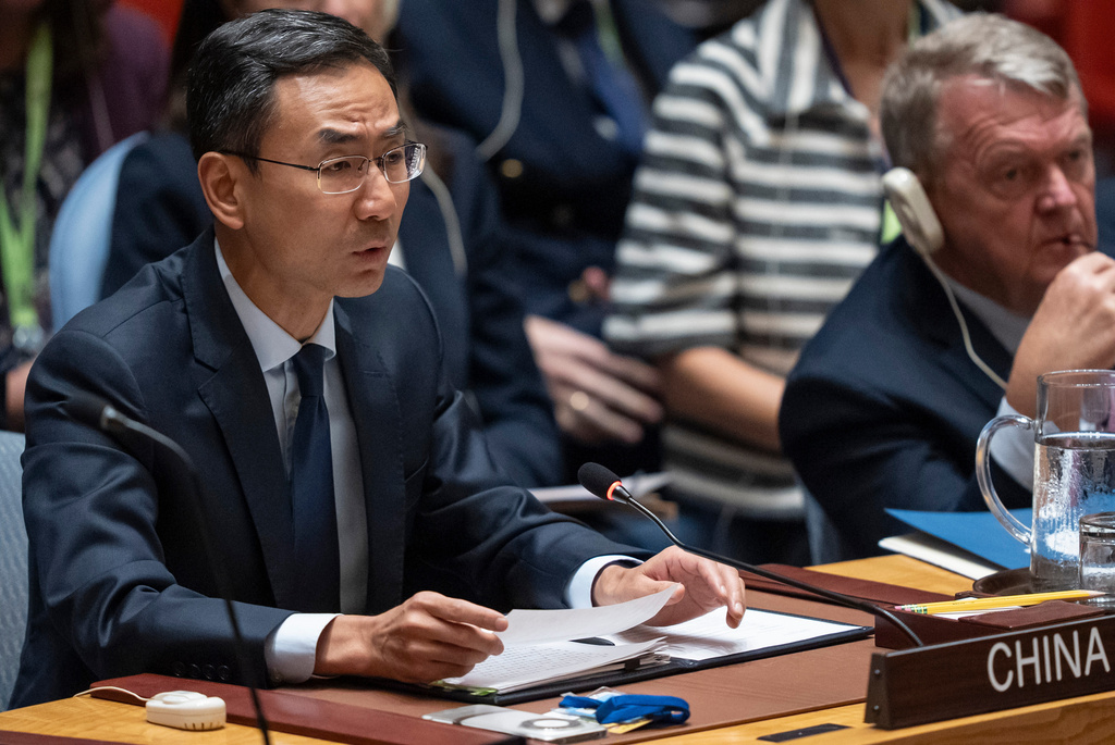 China's deputy permanent representative to the United Nations Geng Shuang speaks during a Security Council meeting at the United Nations headquarters, Tuesday, Sept. 23, 2025, at U.N. headquarters. (AP Photo/Yuki Iwamura)