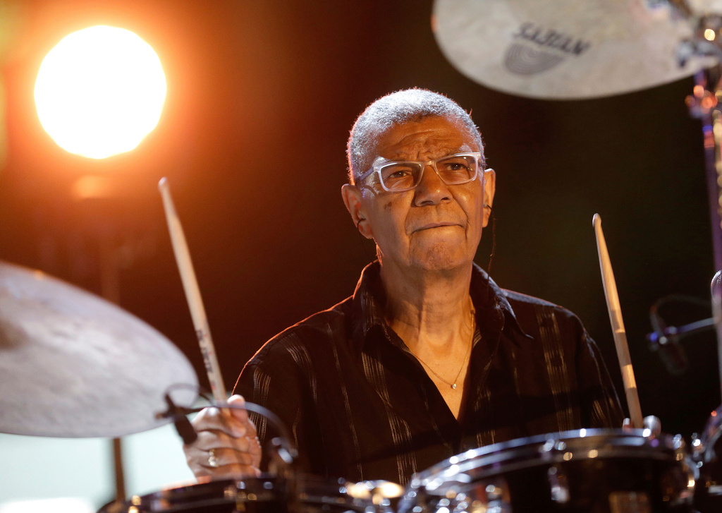 FILE - American jazz drummer, pianist, and composer Jack DeJohnette performs at the Five Continents Marseille Jazz festival, in Marseille, southern France on July 18, 2018. (AP Photo/Claude Paris, File)