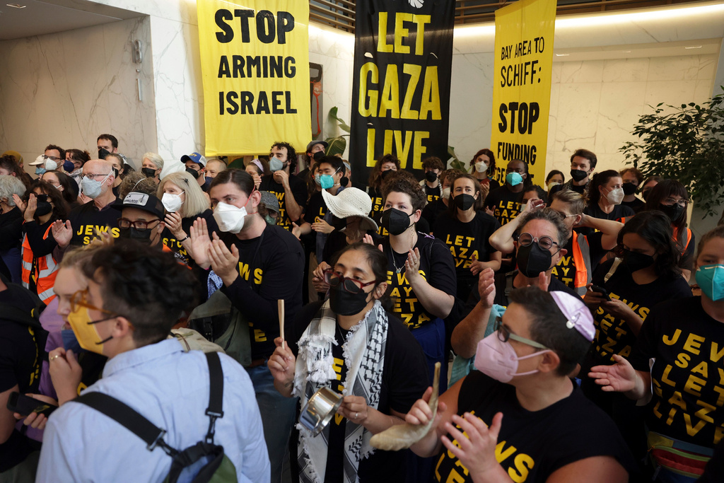FILE - Jewish Bay Area residents stage a sit-in protest in the lobby of Senator Alex Padilla's office in San Francisco calling for a stop to the Israel-Hamas war, August 27, 2025. (Scott Strazzante/San Francisco Chronicle via AP, File)