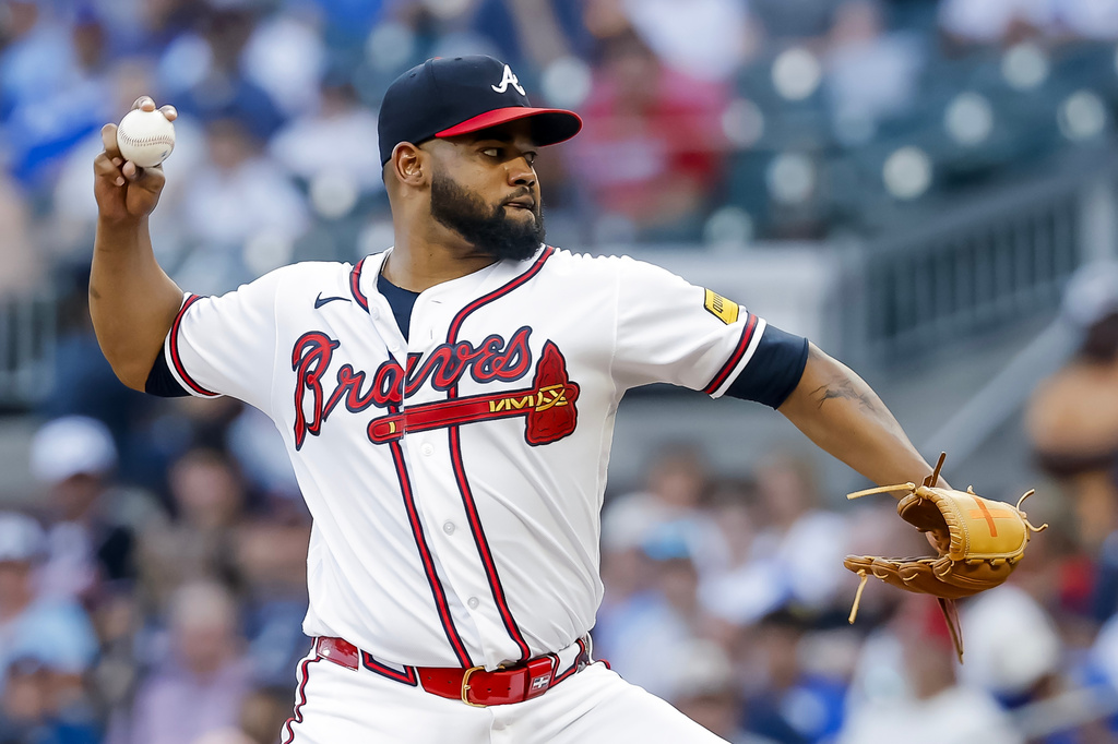 Atlanta Braves pitcher Reynaldo López delivers to a New York Mets batter during the first inning of a baseball game, Monday, July 6, 2026, in Atlanta. (AP Photo/Erik S. Lesser)