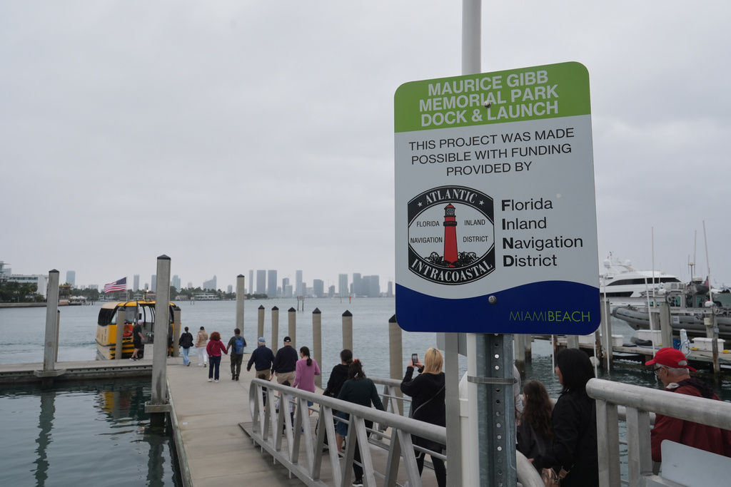 Passengers board the Miami Beach Water Taxi, Wednesday, Jan. 21, 2026, in Miami Beach, Fla. (AP Photo/Marta Lavandier)