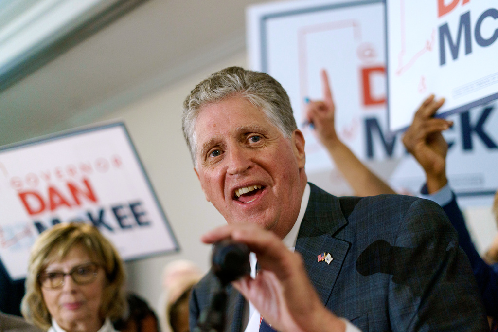 FILE - Rhode Island Gov. Dan McKee gives an acceptance speech in front of supporters at a primary election night watch party in Providence, R.I., Sept. 13, 2022. (AP Photo/David Goldman, File)