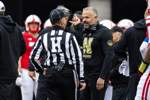 Nebraska head coach Matt Rhule speaks with an official during the first half of an NCAA college football game against Northwestern, Saturday, Oct. 25, 2025, in Lincoln, Neb. (AP Photo/Bonnie Ryan) Nebraska head coach Matt Rhule speaks with an official during the first half of an NCAA college football game against Northwestern, Saturday, Oct. 25, 2025, in Lincoln, Neb. (AP Photo/Bonnie Ryan)