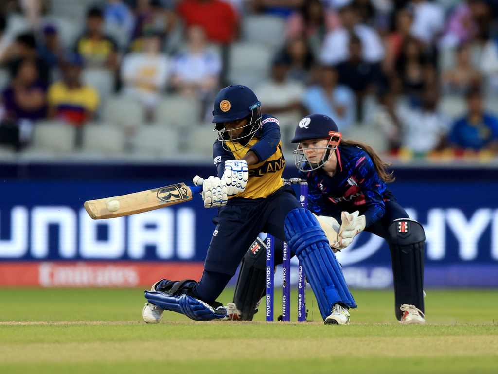 Sri Lanka's Kavisha Dilhari bats during the ICC Women's T20 World Cup match at Emirates Old Trafford in Manchester, England, on Friday June 26, 2026. (Nigel French/PA via AP)