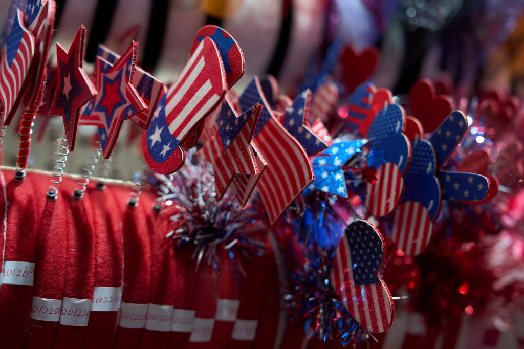 FILE - U.S. flag themed wearables are displayed at the Yiwu International Trade Market in Yiwu, eastern China's Zhejiang province, on April 10, 2025. (AP Photo/Ng Han Guan, File)