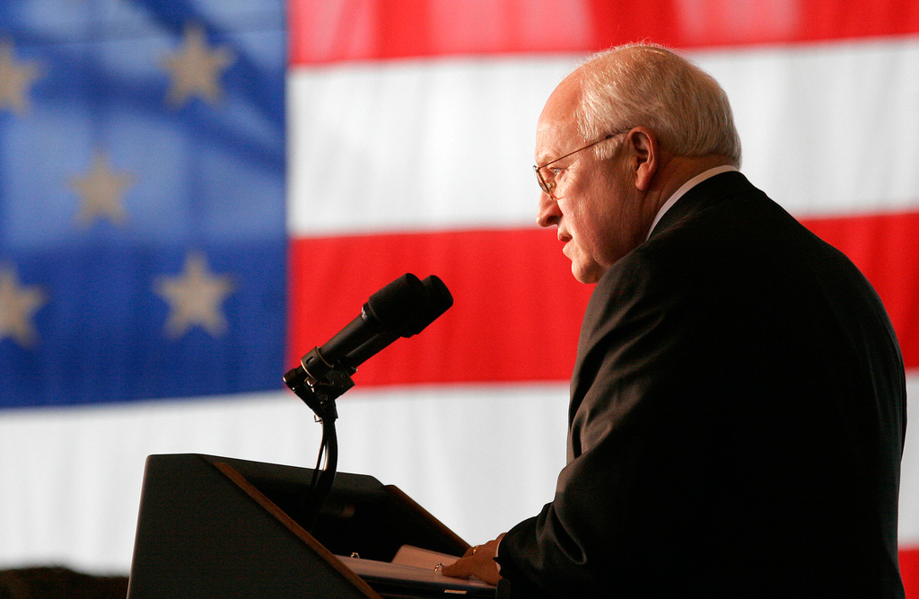 FILE - Vice President Dick Cheney delivers his speech to troops at Fairchild Air Force base on Monday, April 17, 2006 in Spokane, Wash. (AP Photo/Dustin Snipes, file)