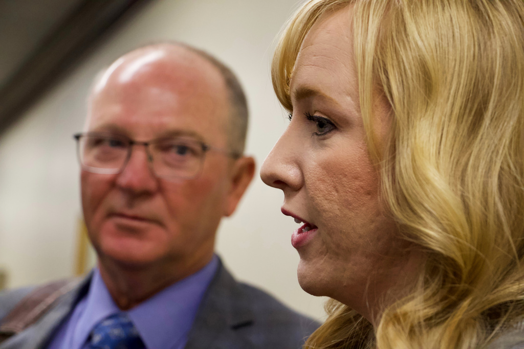 Utah state Rep. Candice Pierucci, right, and state Sen. Scott Sandall, the Republican co-chairs of a committee tasked with recommending a new congressional map proposal to the broader Legislature, speak to reporters, Monday, Sept. 6, 2025, in Salt Lake City. (AP Photo/Hannah Schoenbaum)