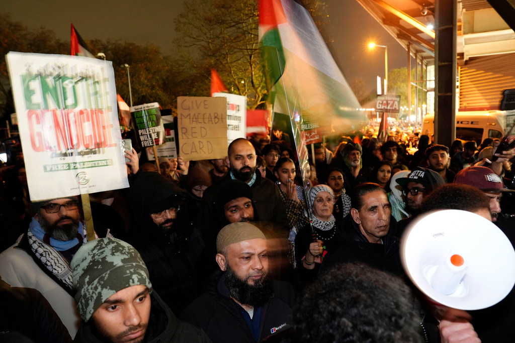 Pro Palestinian campaigners protest outside Villa Park, ahead of the Europa League soccer match between Aston Villa and Maccabi Tel Aviv in Birmingham, England, Thursday, Nov. 6, 2025. (Nick Potts/PA via AP)