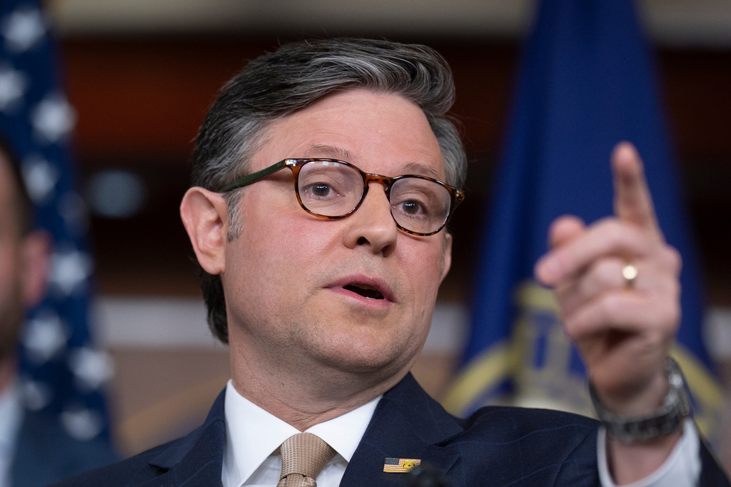 Speaker of the House Mike Johnson takes questions at a news conference following a closed-door GOP meeting at the Capitol in Washington, Tuesday, April 21, 2026. (AP Photo/J. Scott Applewhite)
