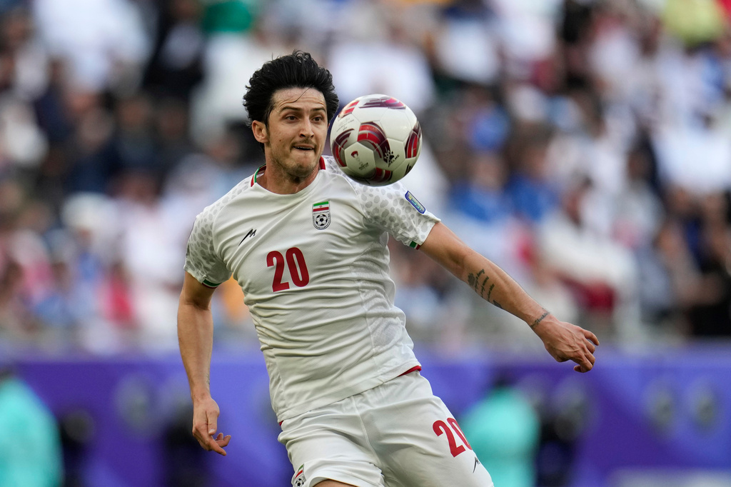 FILE - Iran's Sardar Azmoun controls the ball during the Asian Cup quarterfinal soccer match between Japan and Iran at Education City Stadium in Al Rayyan, Qatar, Saturday, Feb. 3, 2024. (AP Photo/Aijaz Rahi, File)