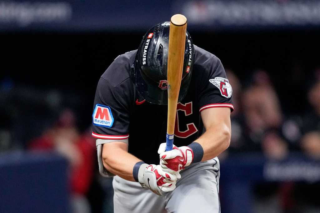 Cleveland Guardians' Travis Bazzana reacts after flying out Tampa Bay Rays during the second inning in Game 6 of an American League Championship Series baseball game in St. Petersburg, Fla. Monday, Oct. 19, 2026. (AP Photo/David J. Phillip)