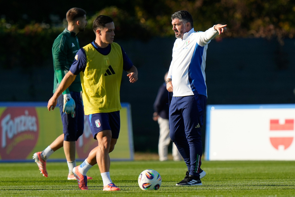 Italy's coach Gennaro Gattuso gestures during a training session ahead of Tuesday's World Cup 2026, Group I qualifying soccer match between Italy and Israel at the Bruseschi training center in Udine, Italy, Monday, Oct.13, 2025. (AP Photo/Luca Bruno)