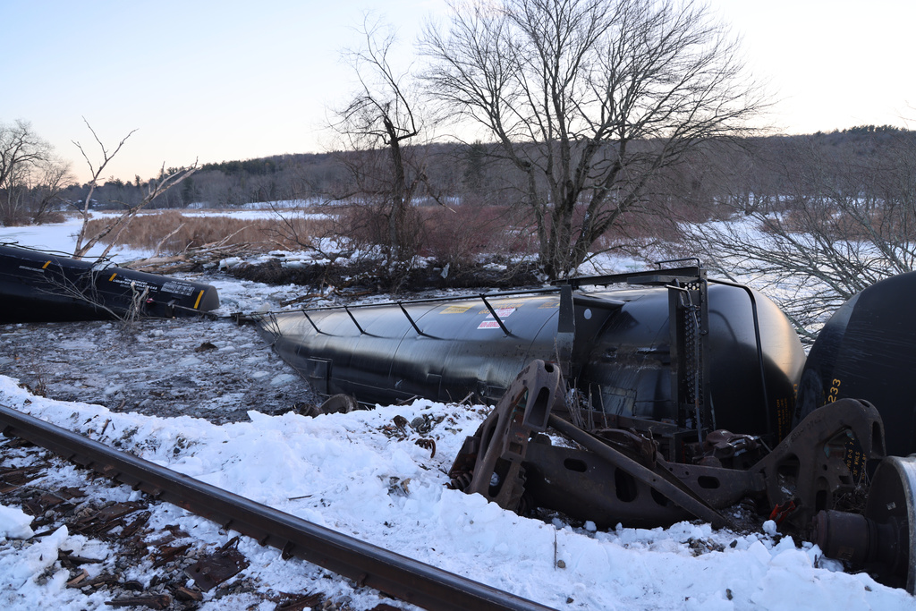 This photo provided by the Connecticut Division of Emergency Management and Homeland Security shows a freight train after it derailed in Mansfield, Conn., Thursday, Feb. 5, 2026. (Connecticut Division of Emergency Management and Homeland Security via AP)