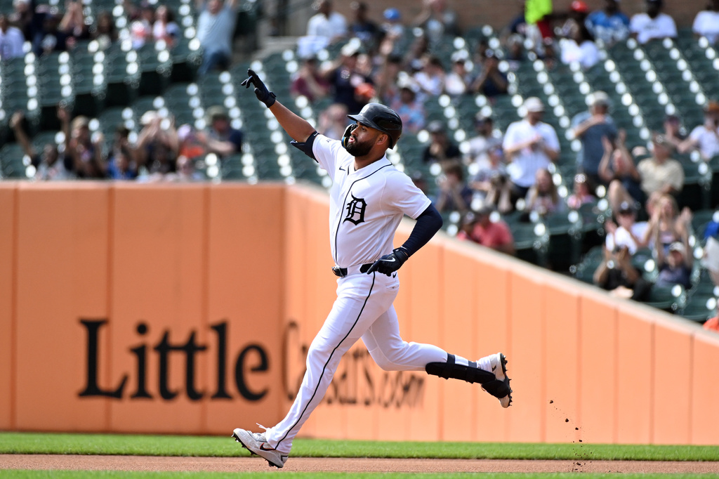 Detroit Tigers' Riley Greene reacts after hitting a two-run home run during the first inning of a baseball game against the Colorado Rockies, Sunday, Sept. 13, 2026, in Detroit. (AP Photo/Jose Juarez)