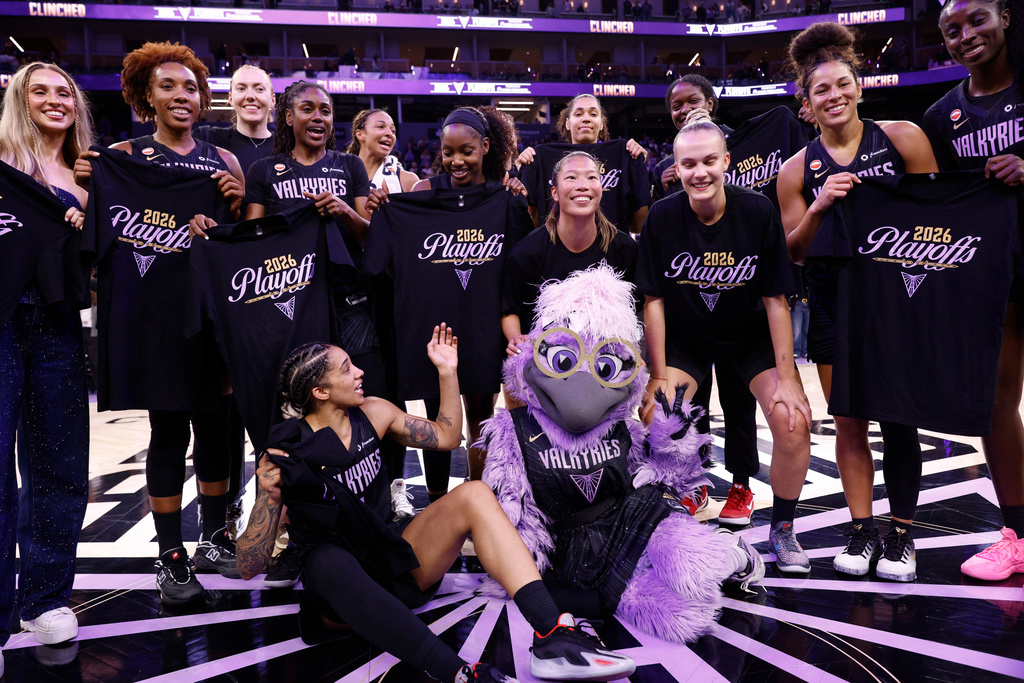 The Golden State Valkyries celebrate following a WNBA basketball game against the Dallas Wings in San Francisco, Monday, Aug. 17, 2026. (Santiago Mejia/San Francisco Chronicle via AP)
