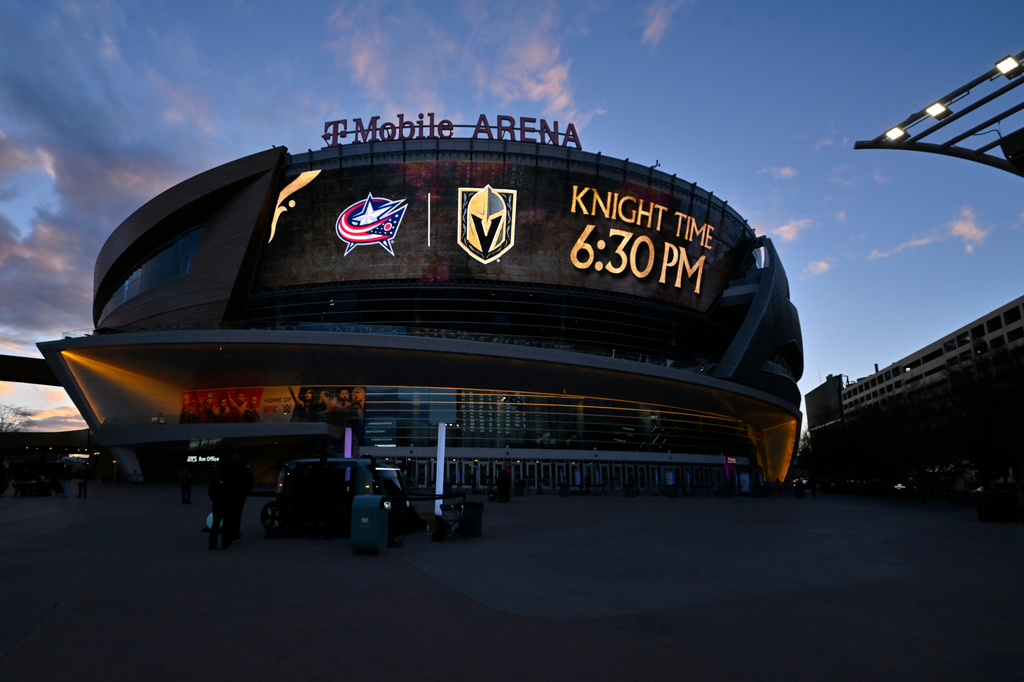 FILE - The T-Mobile Arena is seen before an NHL hockey game between the Vegas Golden Knights and the Columbus Blue Jackets, Jan. 8, 2026, in Las Vegas. (AP Photo/David Becker, File)