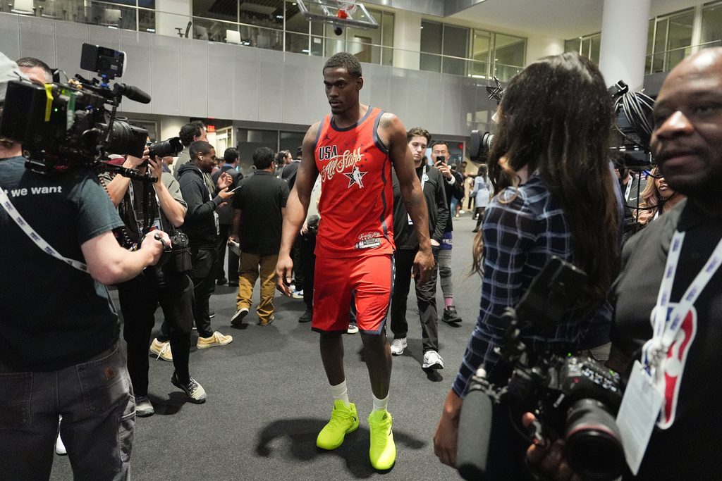 Detroit Pistons' Jalen Duren arrives at the NBA All-Star basketball game media day Saturday, Feb. 14, 2026, in Inglewood, Calif. (AP Photo/Jae C. Hong)