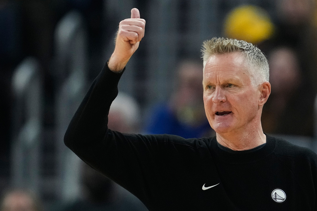 Golden State Warriors head coach Steve Kerr gestures during the first half of an NBA basketball game against the Minnesota Timberwolves, Friday, March 13, 2026, in San Francisco. (AP Photo/Godofredo A. Vásquez)
