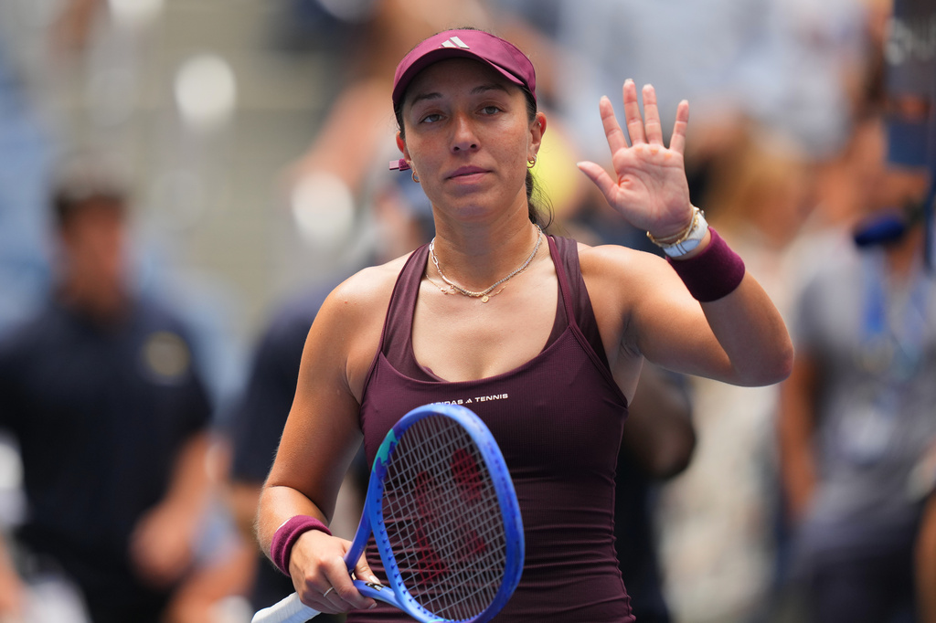 Jessica Pegula, of the United States, gestures after she defeated Elena-Gabriela Ruse, of Romania, in the first round of the U.S. Open tennis championships Sunday, Aug. 30, 2026, in New York. (AP Photo/Kirsty Wigglesworth)