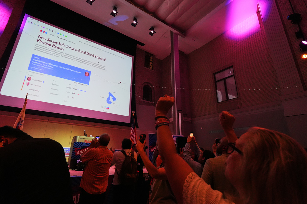 Supporters watch the poll results during a watch party for Analilia Mejia in New Jersey's 11th Congressional District special election, Thursday, April 16, 2026, in Montclair, N.J. (AP Photo/Frank Franklin II)