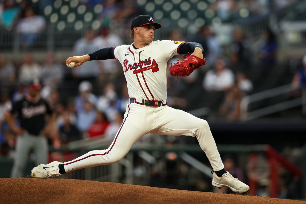 Atlanta Braves pitcher Hurston Waldrep delivers in the first inning of a baseball game against the Washington Nationals, Tuesday, Sept. 23, 2025, in Atlanta. (AP Photo/Colin Hubbard)