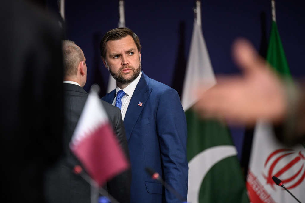 US Vice President JD Vance prior to a quadrilateral meeting between the United States, Iran, Pakistan and Qatar at the Burgenstock luxury hotel complex overlooking Lake Lucerne, Switzerland, Sunday June 21, 2026. (Fabrice Coffrini/Keystone via AP)