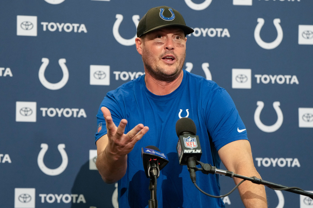 Indianapolis Colts quarterback Philip Rivers speaks during a news conference after an NFL football game against the Seattle Seahawks, Sunday, Dec. 14, 2025, in Seattle. (AP Photo/Stephen Brashear)