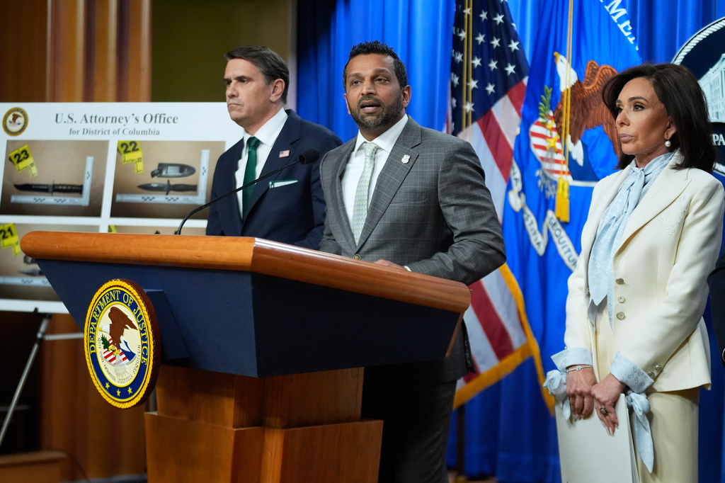 From left, Acting Attorney General Todd Blanche, FBI Director Kash Patel and U.S. Attorney Jeanine Pirro, speak during a news conference at the Department of Justice, on Monday April 27, 2026, in Washington, following the initial appearance in federal court of the suspected White House Correspondents Dinner gunman, Cole Tomas Allen of Torrance, California. (AP Photo/Manuel Balce Ceneta)